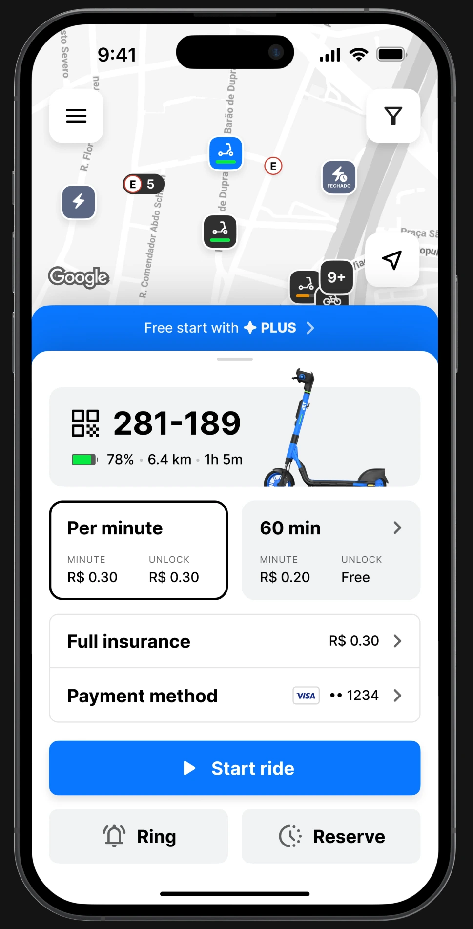 JET ride screen with a selected scooter