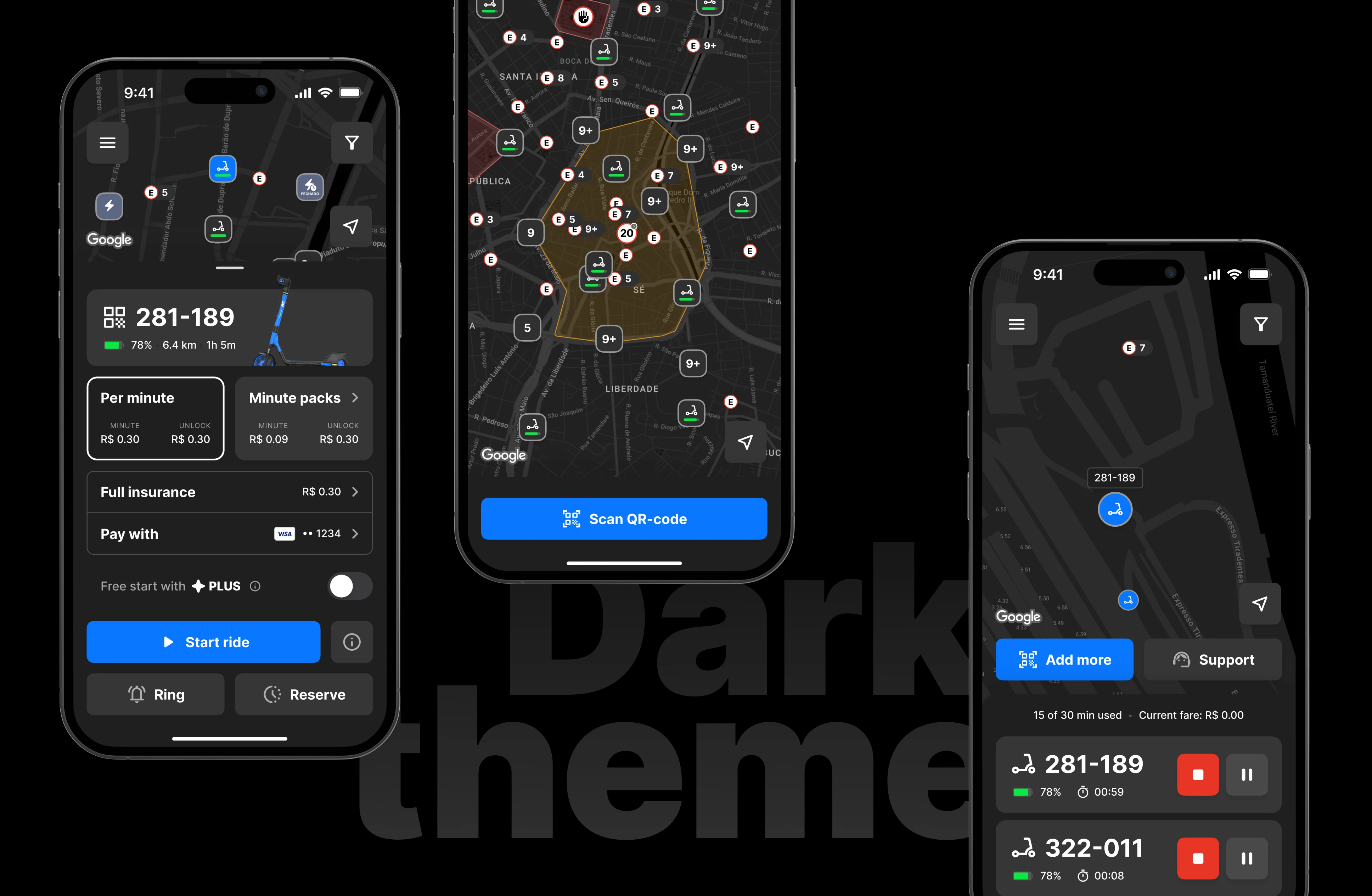 Dark theme of the main ride screens