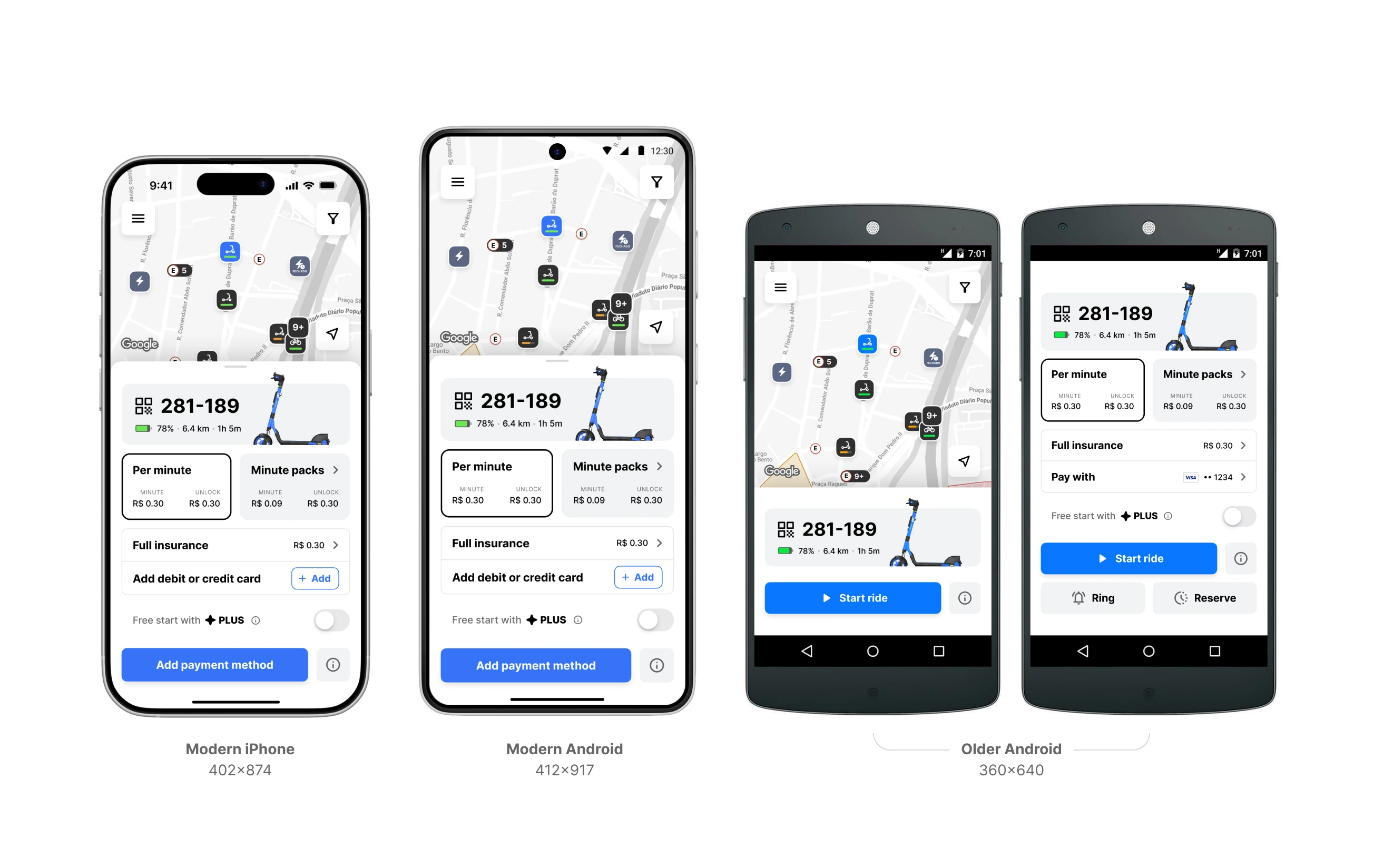 Ride screen on a modern iPhone, a modern Android, and an older Android