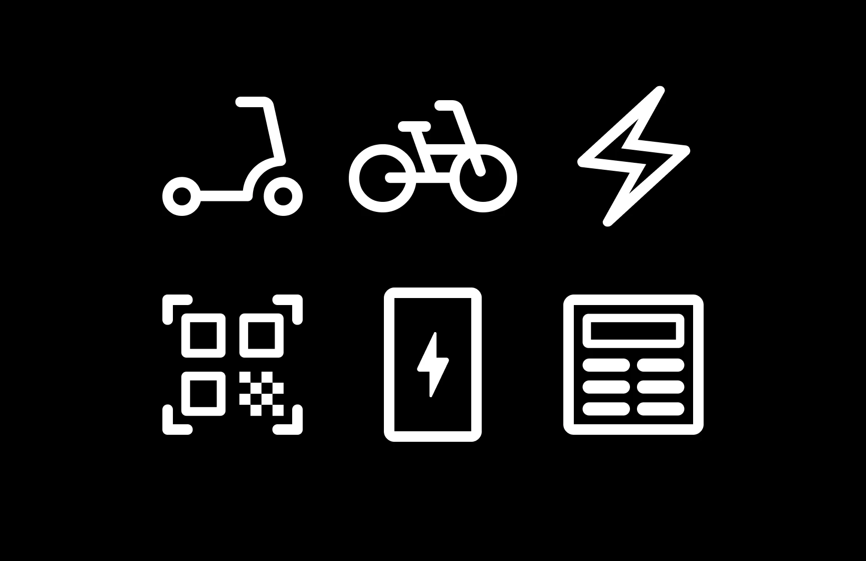 Icon examples: scooter, bike, charge, QR code, powerbank, receipt