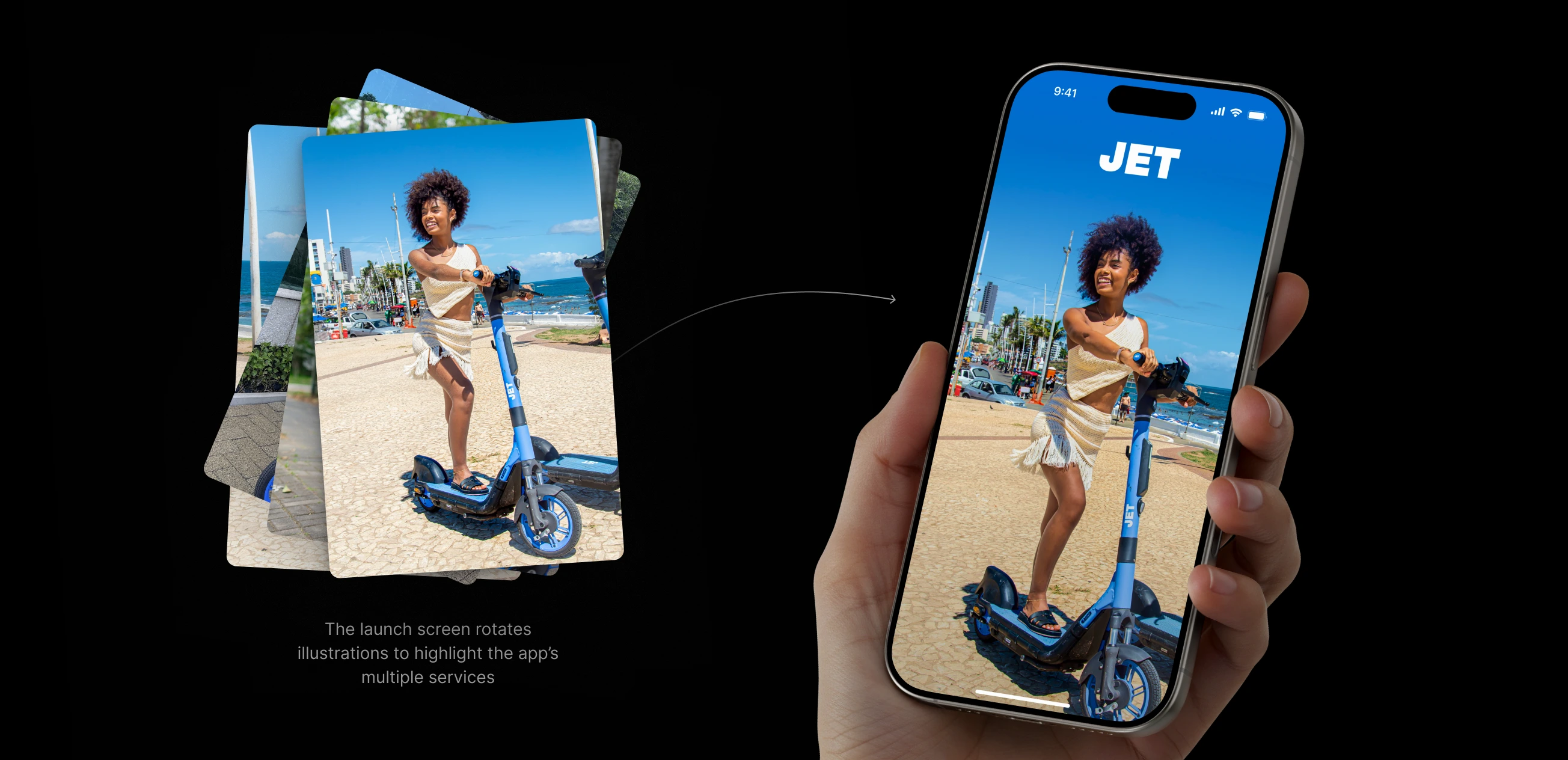 Launch screen rotates illustrations to highlight the app’s multiple services