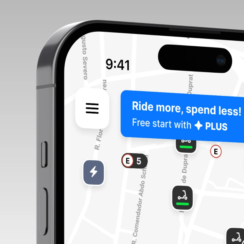 Map screen with a small PLUS banner: Ride more, spend less