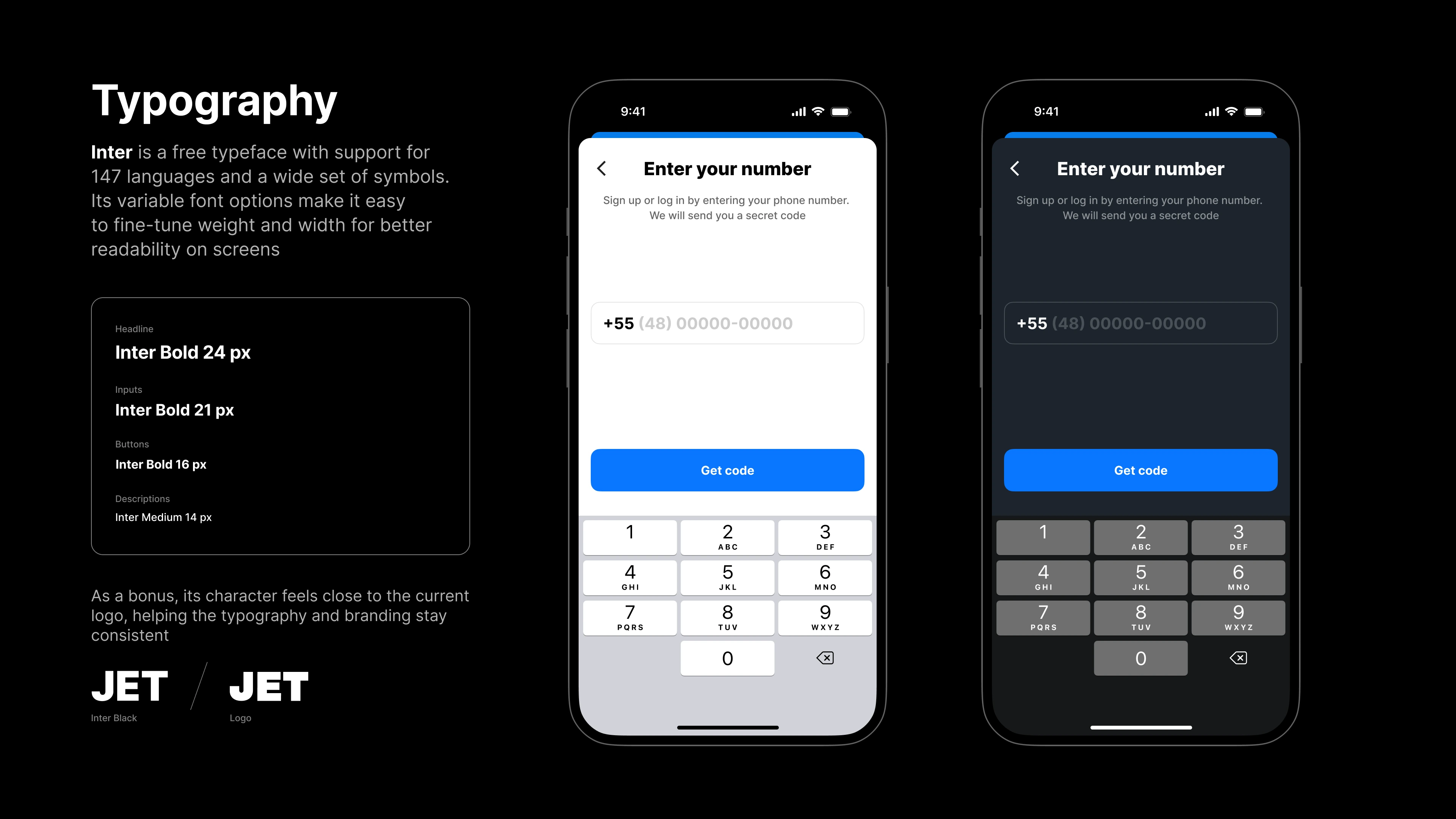Typography: Inter weights for headlines, inputs and buttons, in light and dark sign-in screens