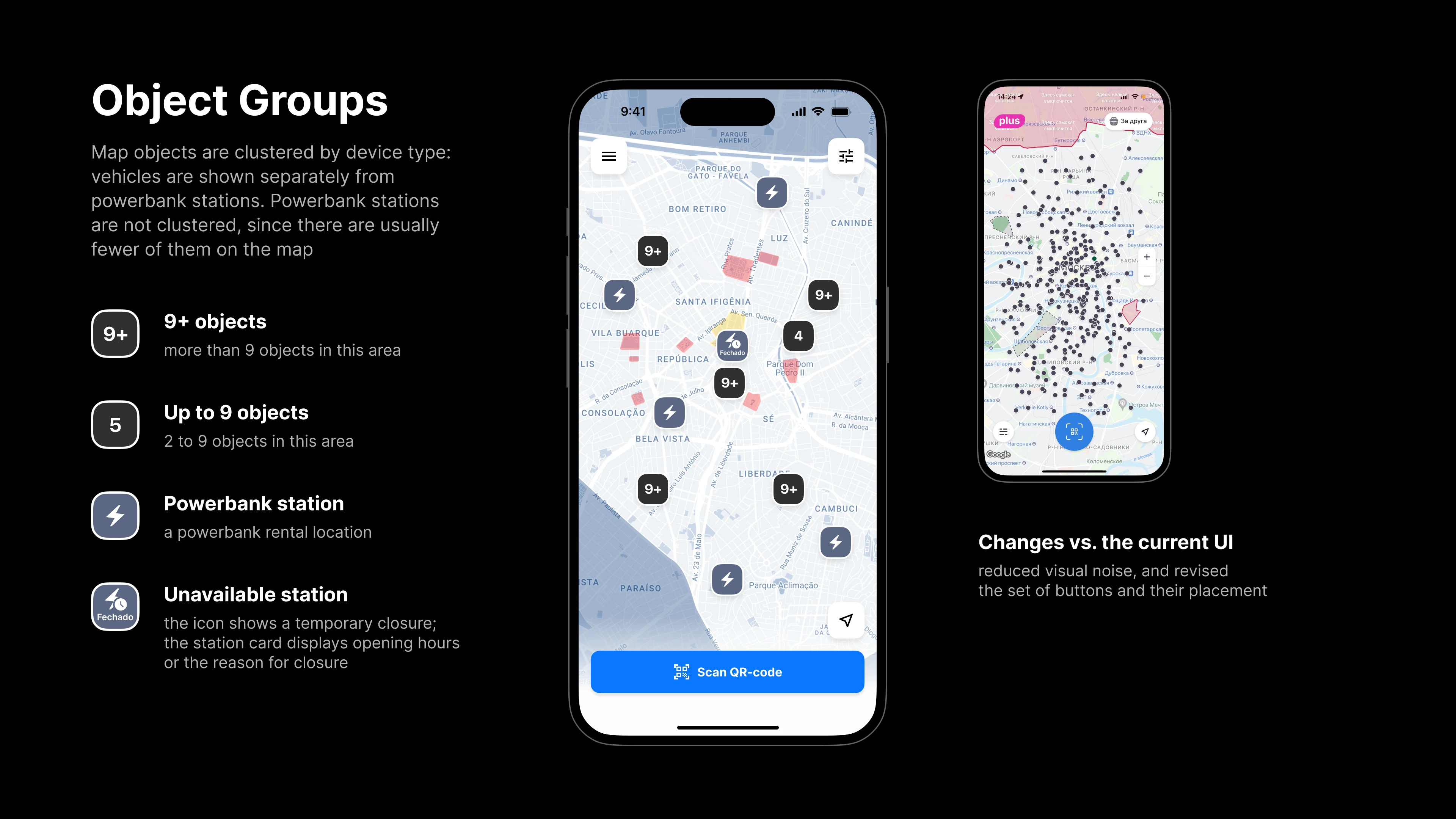 Object Groups: clustered vehicle markers, powerbank stations and unavailable stations