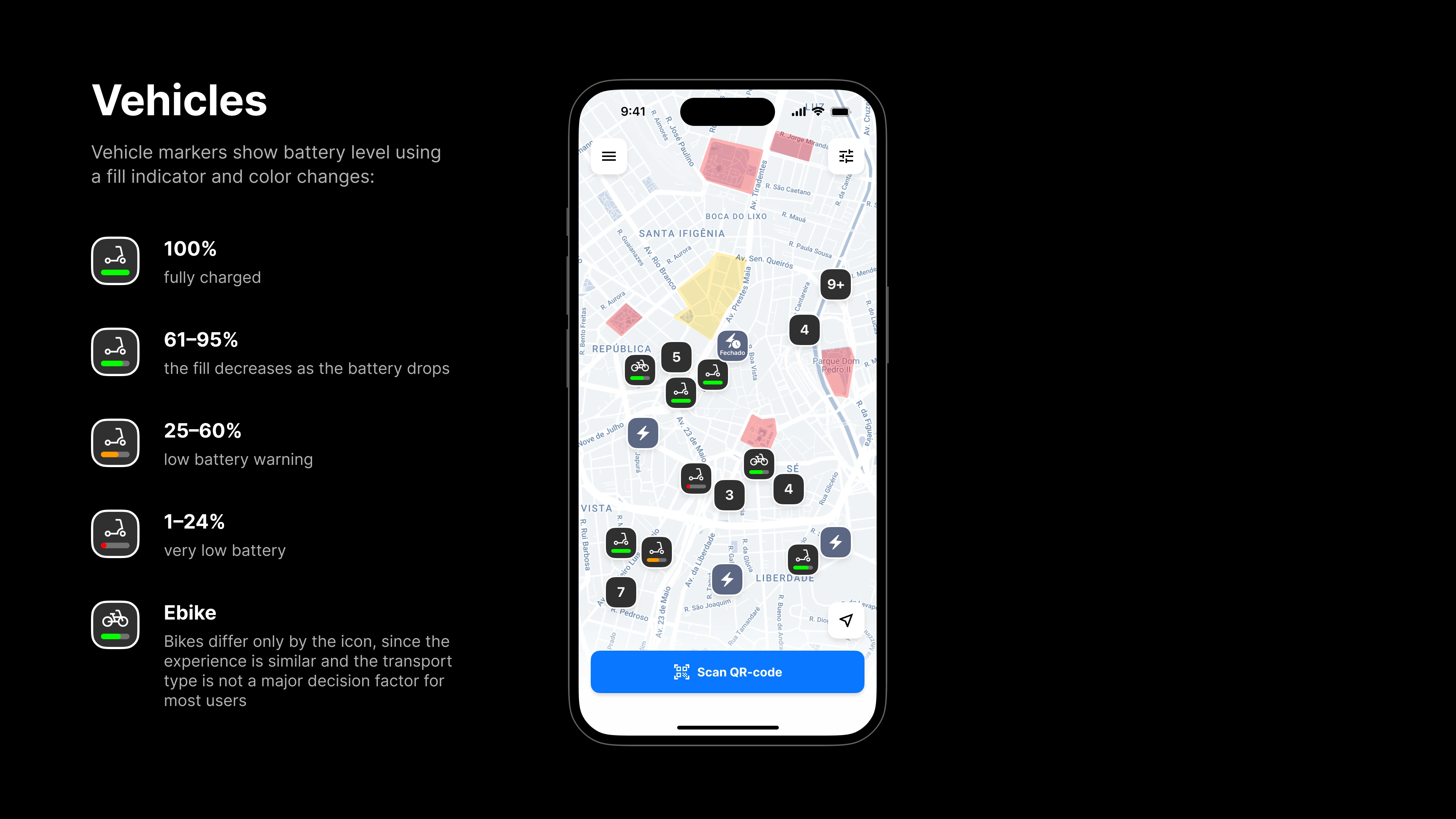 Vehicles: markers show battery level with a fill indicator and colour