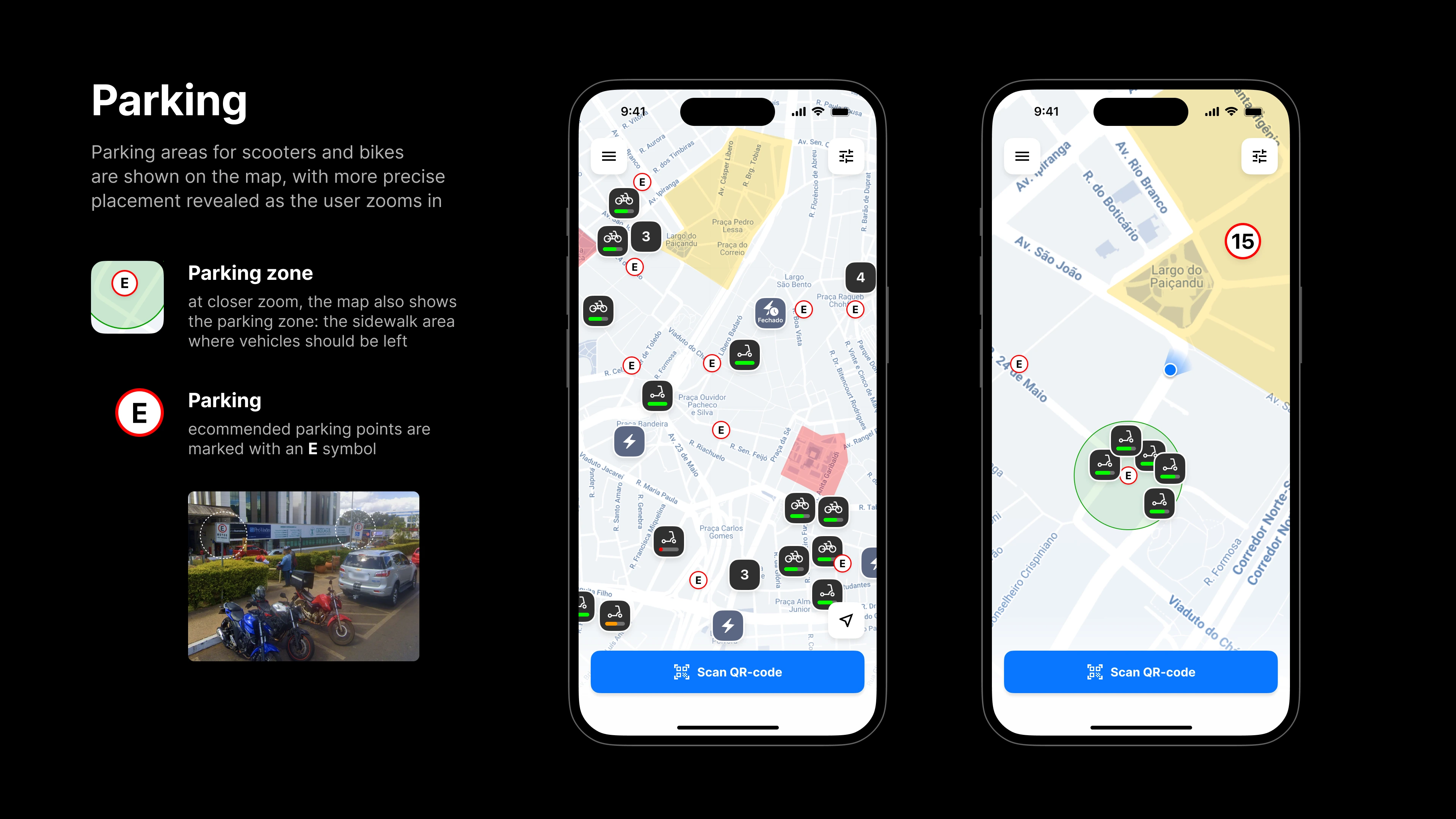 Parking: parking zones at closer zoom and recommended parking points