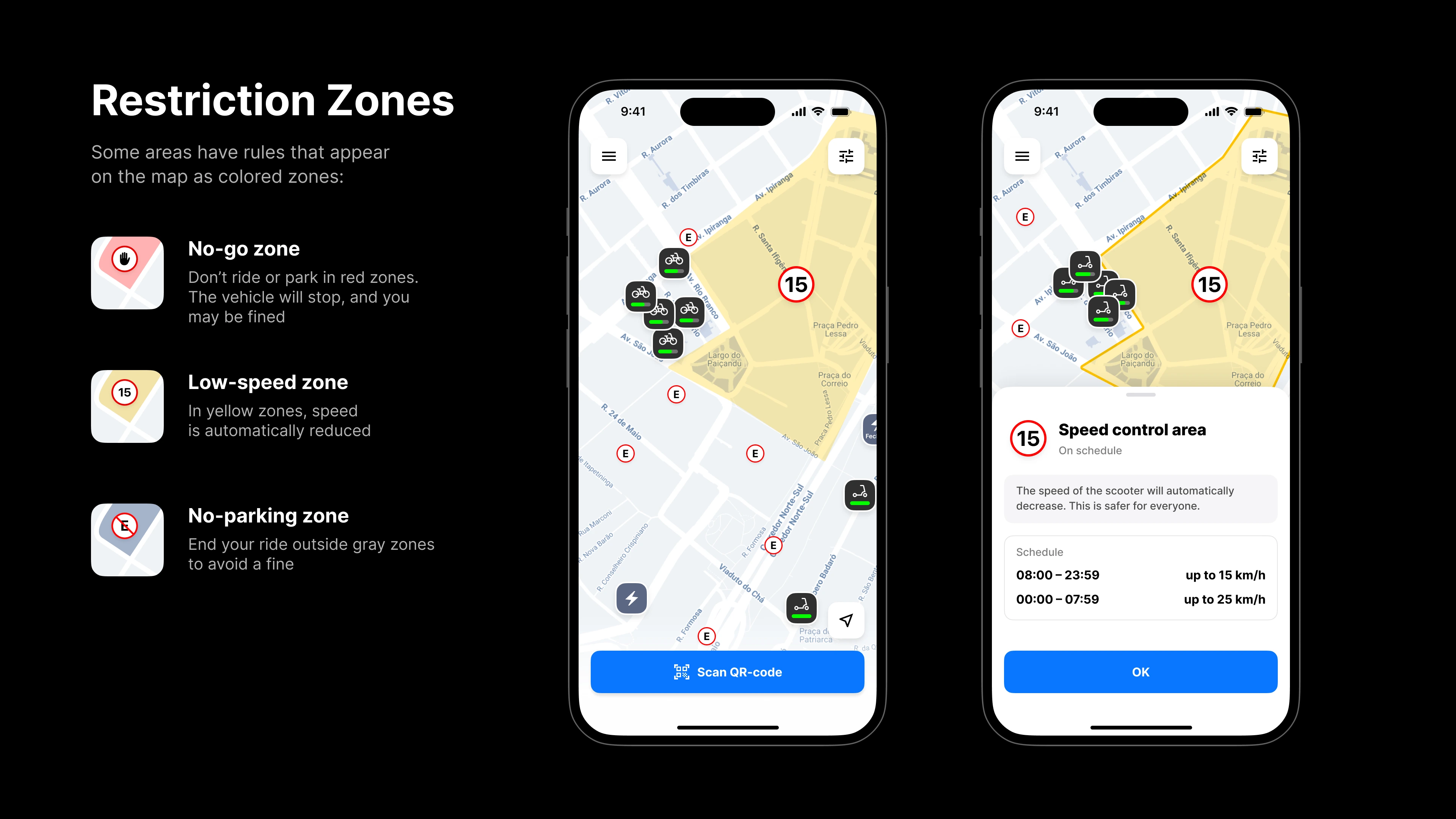 Restriction Zones: no-go, low-speed and no-parking areas on the map