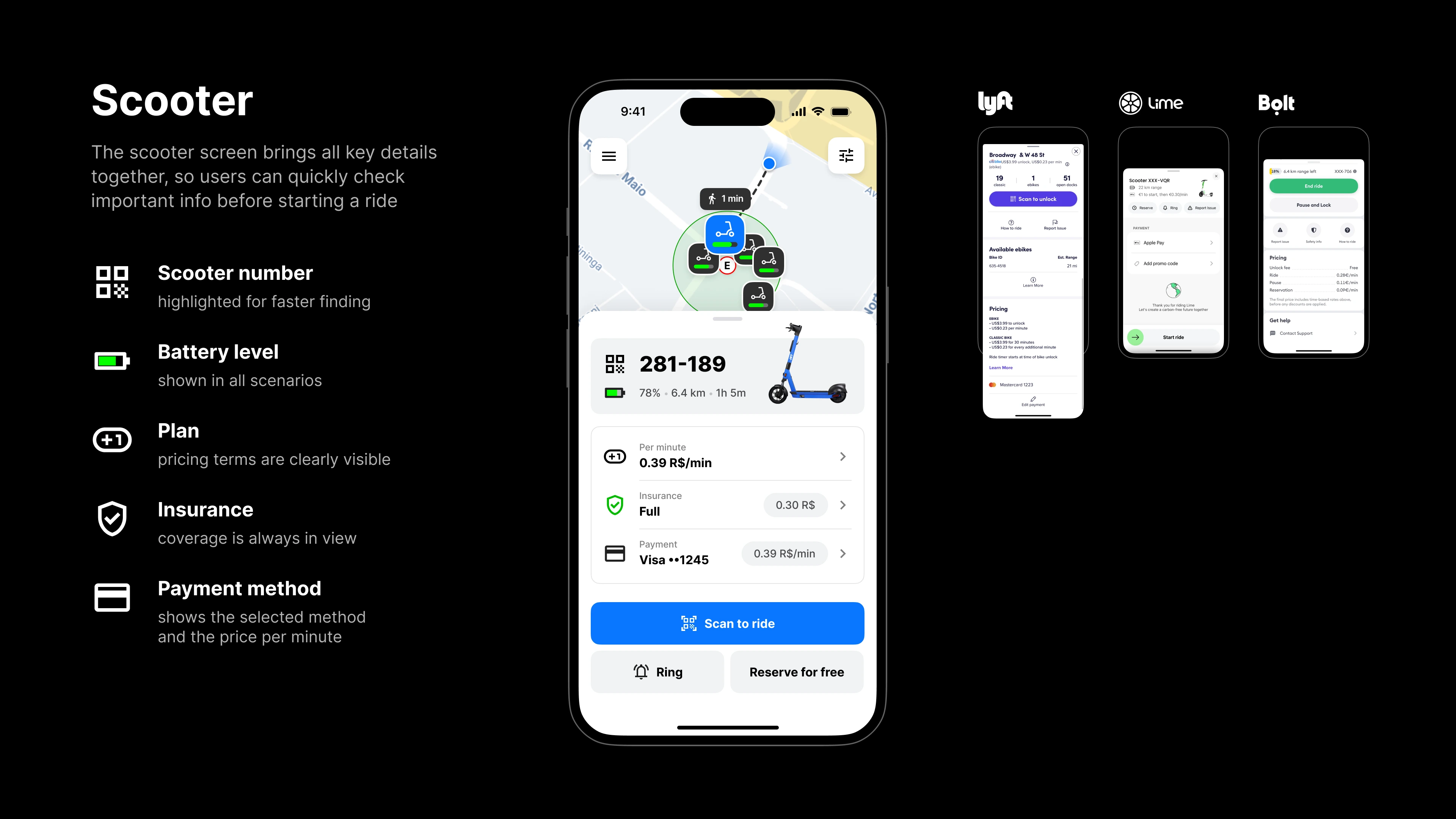Scooter: the scooter card with number, battery, plan, insurance and payment method