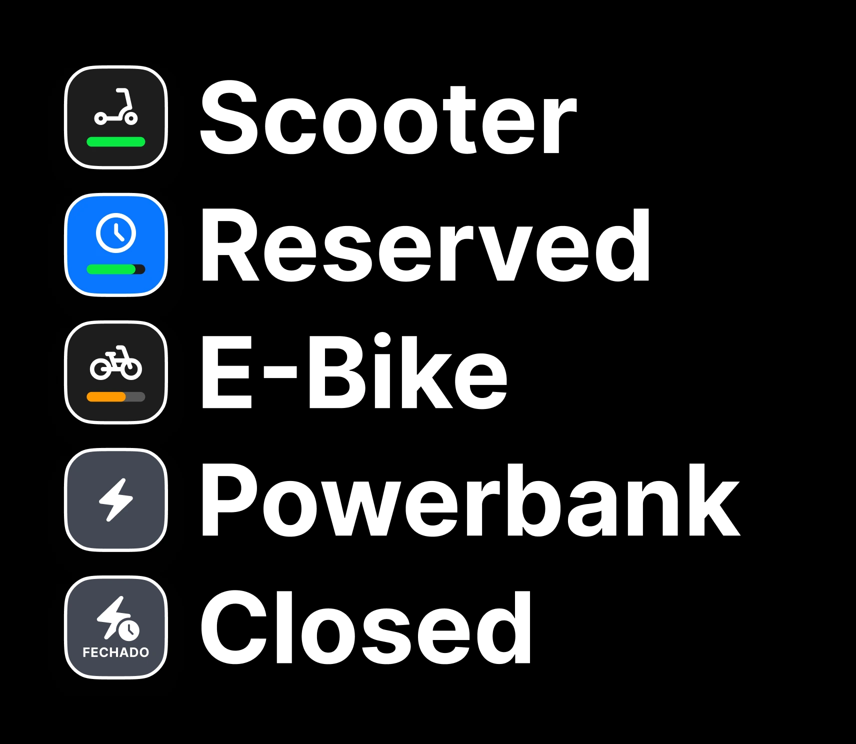 Map marker states: Scooter, Reserved, E-Bike, Powerbank, Closed